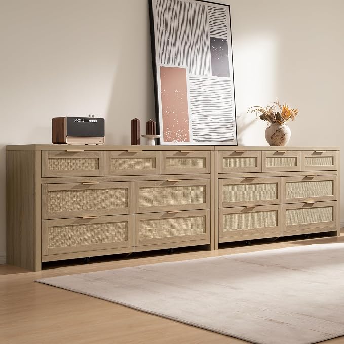SICOTAS 7 Drawer Dressers for Bedroom Set 2, Long Rattan Dresser, Dresser TV - Image 2