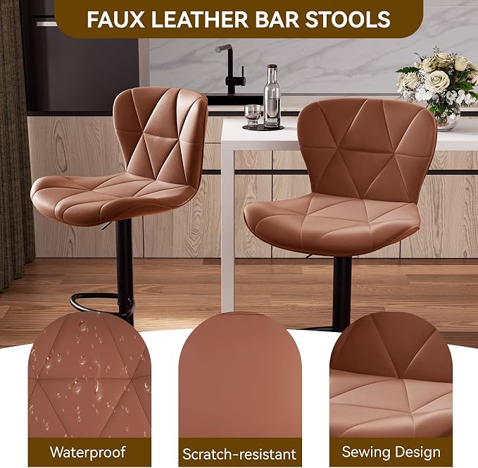 Nalupatio Modern Bar Stools Set of 2, Faux Leather Upholstered Swivel Bar Stools - Image 3