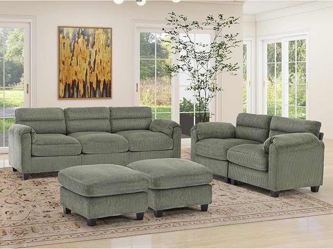 HAOMARKETS Corduroy 4-Piece Sofa Set, Upholstered Ottoman Set of 2, Loveseat by HAOMARKETS
