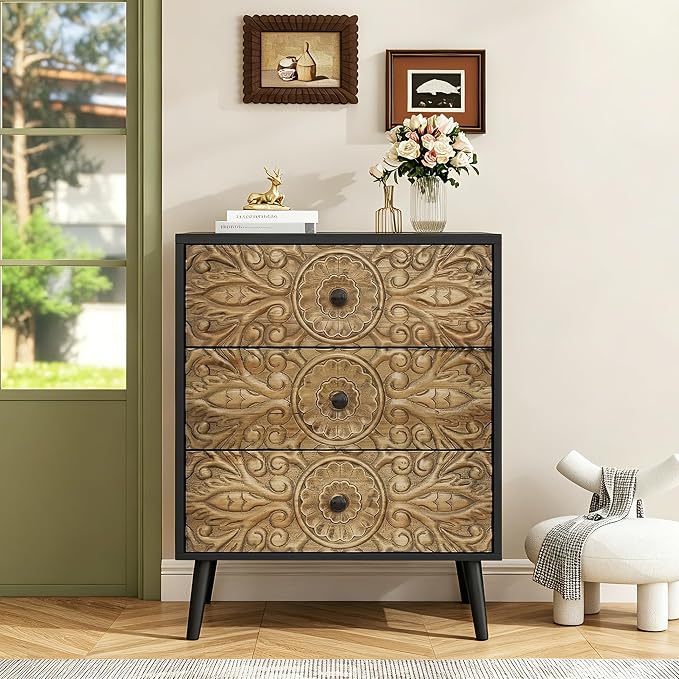 Carved Black Wood Nightstand, 3 Drawers Accent Cabinet, Vintage End Table - Image 8
