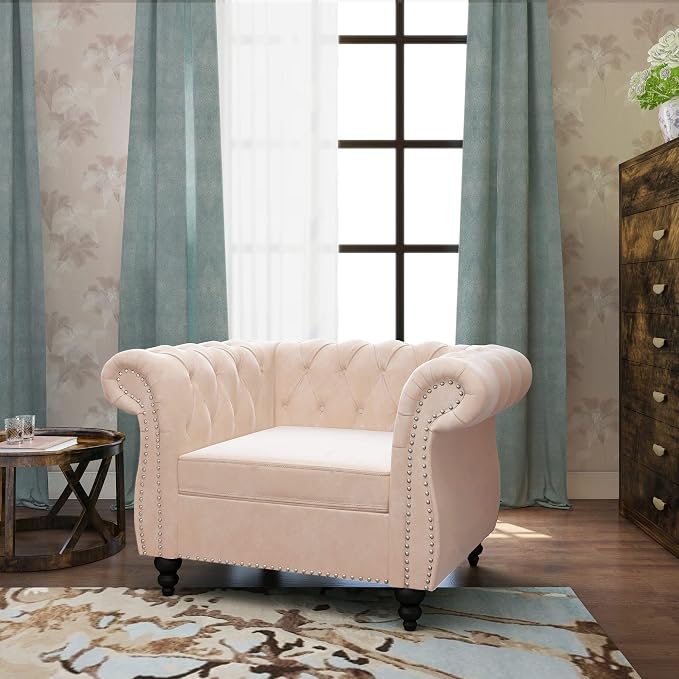 ORRD 2 Piece Living Room Set, Velvet Chesterfield Sofa Couch Chair - Image 4