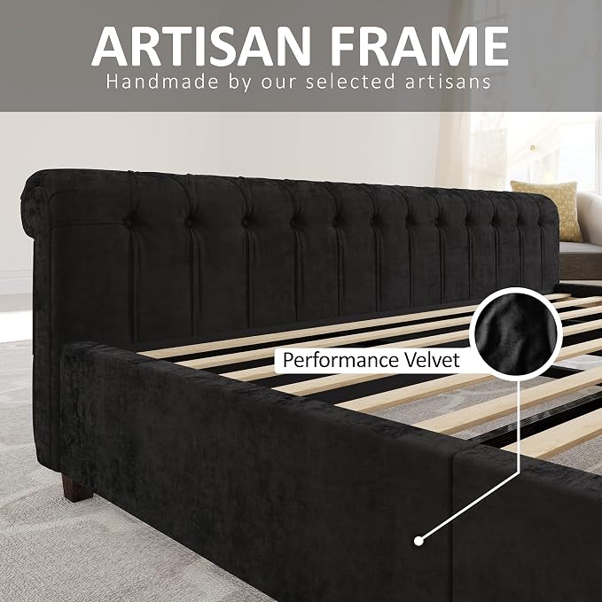 AMERLIFE Queen Size Platform Bed Frame, Velvet Upholstered Sleigh Bed - Image 7