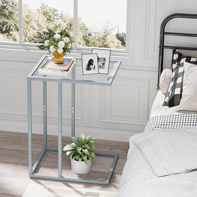 End Table, C Shaped Side Table for Sofa, Glass Couch Tray Snack Dinner Table - Image 7