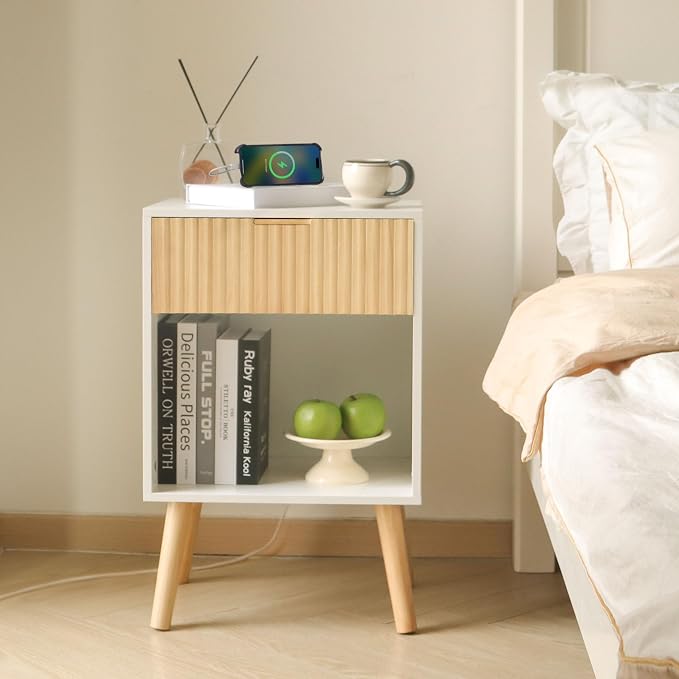 Fultyle Night Stand with Charger Station, Modern Wood Nightstand with Drawer - Image 7