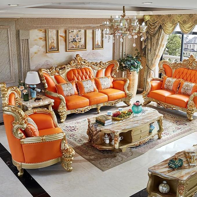 Solid Wood Leather Sofa, European-Style Villa Living Room Luxury Leather Sofa - Image 2