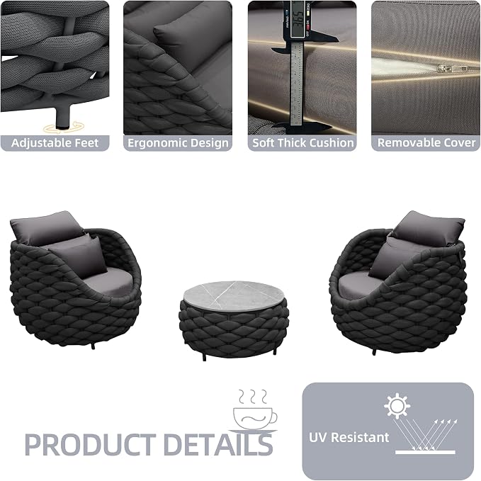 TWT 3 Pieces Aluminum Patio Furniture Set, Hand Woven Polyester Rope Modern - Image 4