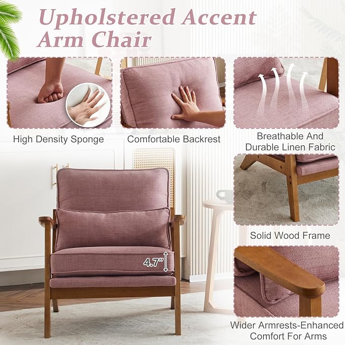 VINGLI Solid Wood Wide Armrests Accent Chair, Upholstered Mid Century Modern - Image 5