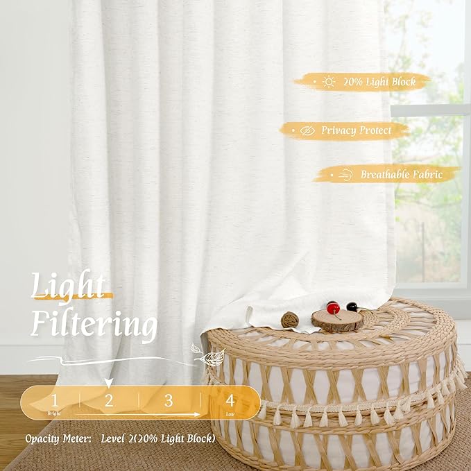 LAMIT Ivory White Linen Curtains 54 Inch Length, Faux Linen Textured Light - Image 4