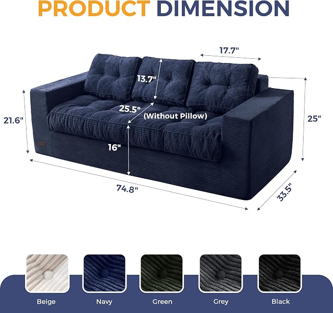 MAXYOYO Oversized Loveseat Sofa Couch, Upholstered Bean Bag Chair Cloud 3-Seat - Image 2