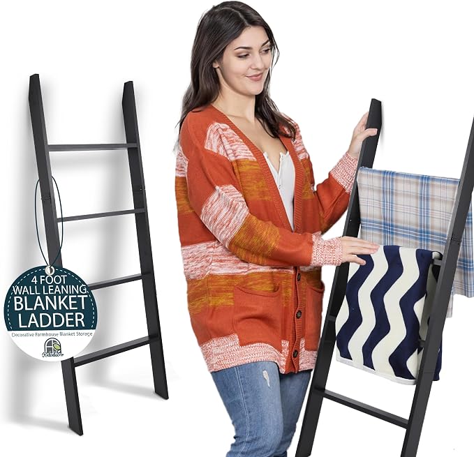 Blanket Ladder for Living Room and Bedroom, 4ft 4-Tier Wall Leaning Laminate - Image 3