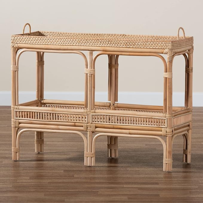 Bali & pari Lombok Modern Bohemian Natural Rattan 2-Tier Console Table - Image 9