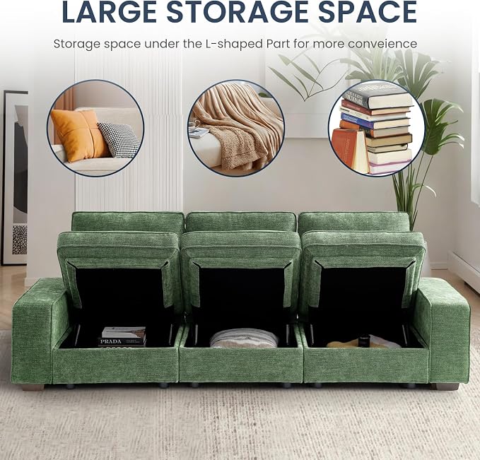 TEKAMON 100" Modular Sofa with Seats Storage, Comfy 3-Seater Chenille Fabric - Image 3