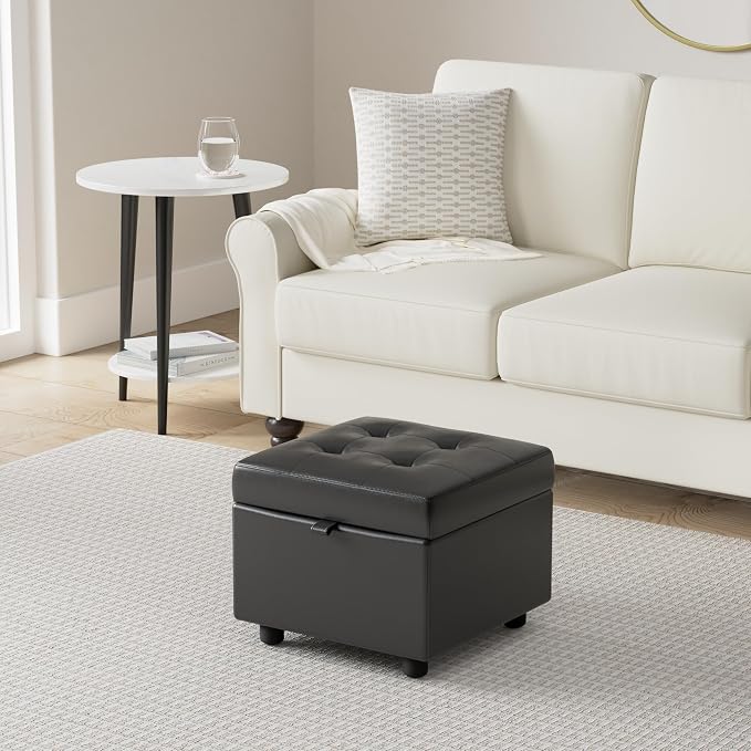 H&B Luxuries Tufted Leather Square Flip Top Storage Ottoman Cube Foot Rest - Image 2