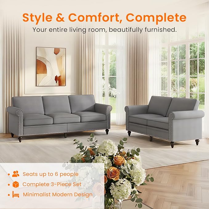 Living Room Sofa Sets 2 Piece, Modern 3 Seater Sofa and Loveseat Couch Sets - Image 3