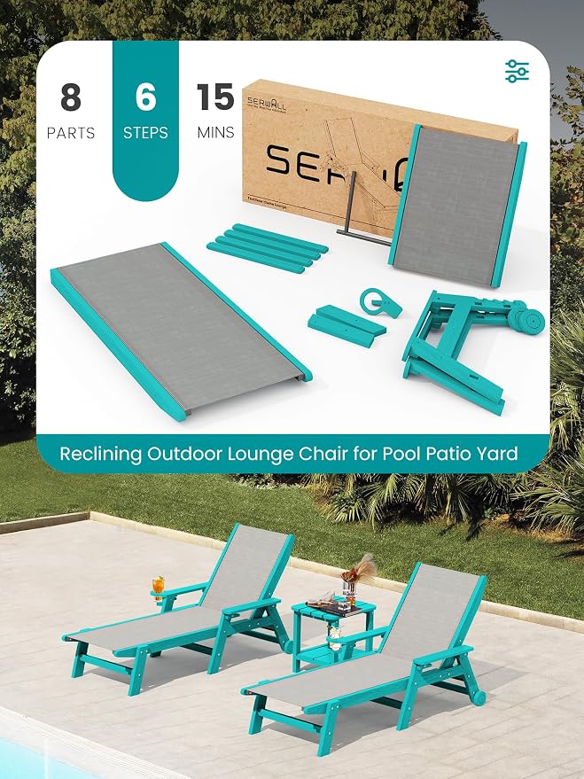 SERWALL Textilene Patio Chaise Lounge Chair Set of 2, 5 Positions Outdoor - Image 8