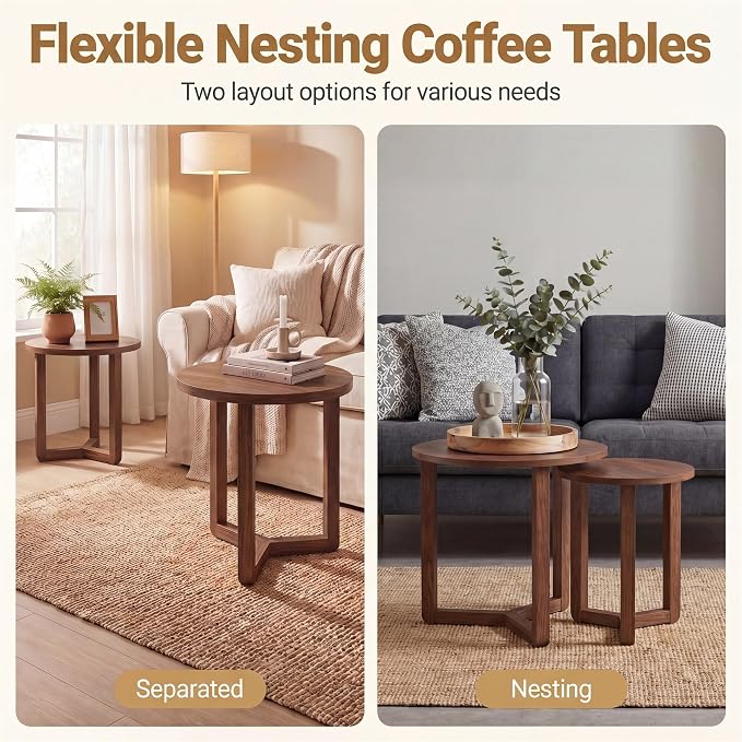 Tangkula Round Nesting Coffee Table Set of 2, Farmhouse End Tables - Image 5