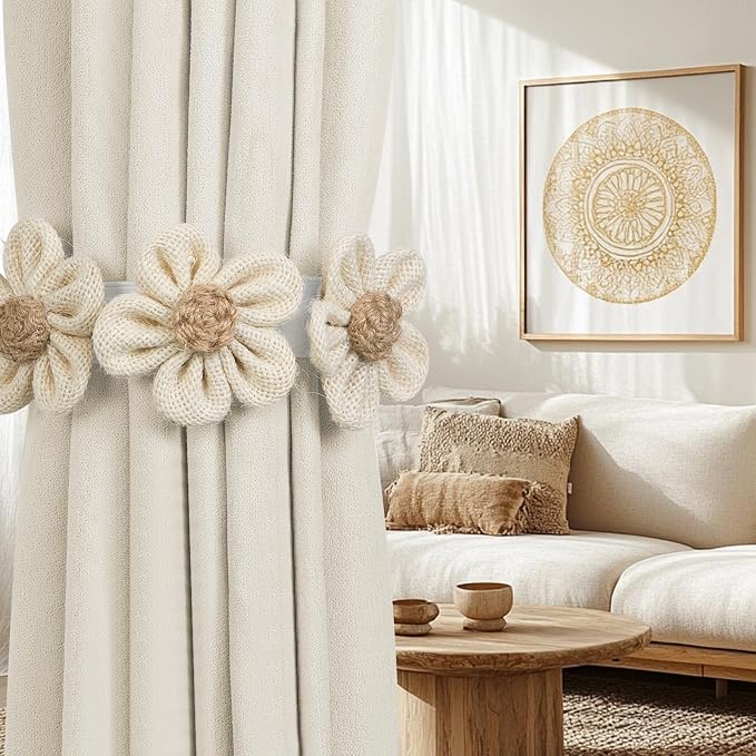 KLOGTSIND Flower Curtain Tiebacks, 4 Pack Boho Curtain Ties Elegant Three - Image 2