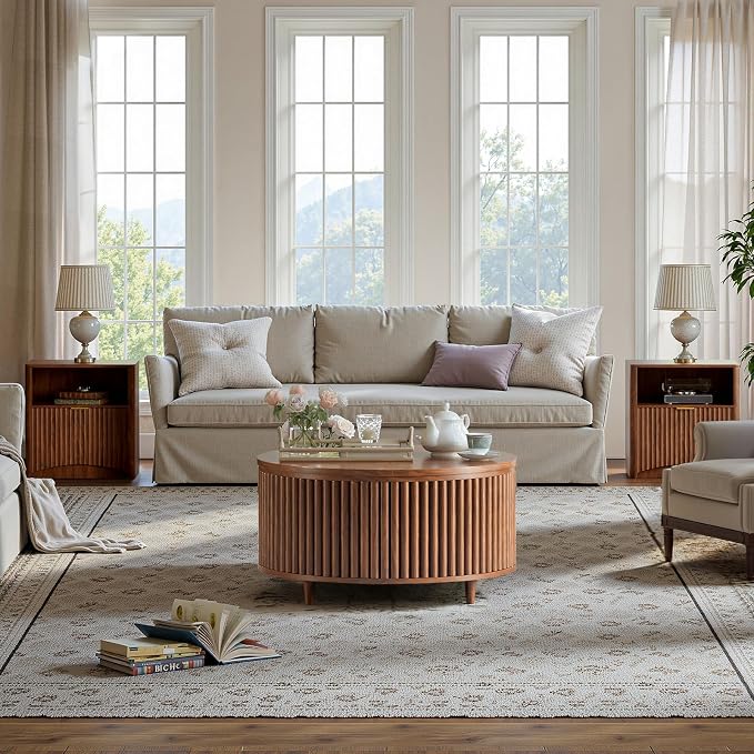 Evermagin 31.5'' Round Coffee Table, Fluted Lift Top Oak Coffee Table - Image 7