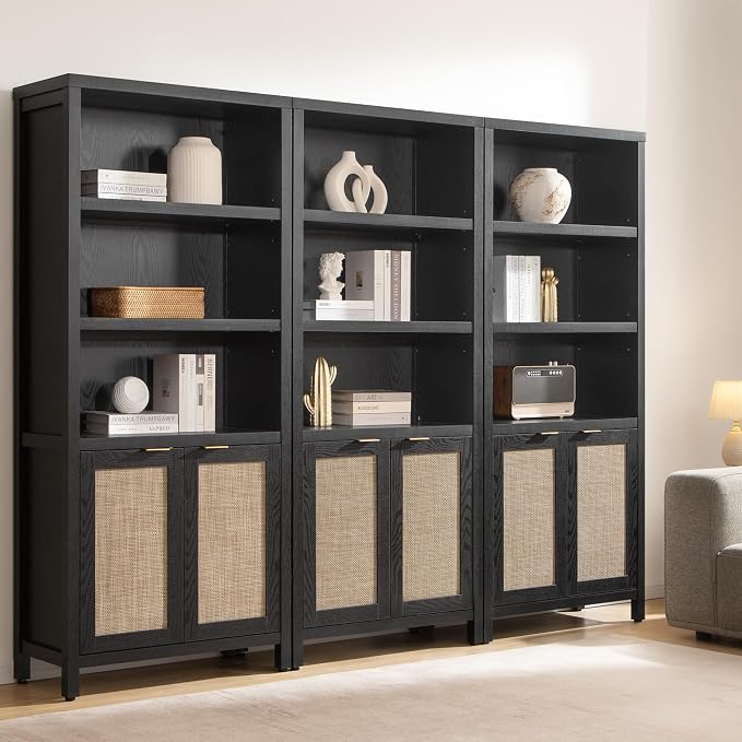 SICOTAS Bookcase 71" Tall Bookshelf 5 Tier Rattan Boho Bookcase by SICOTAS