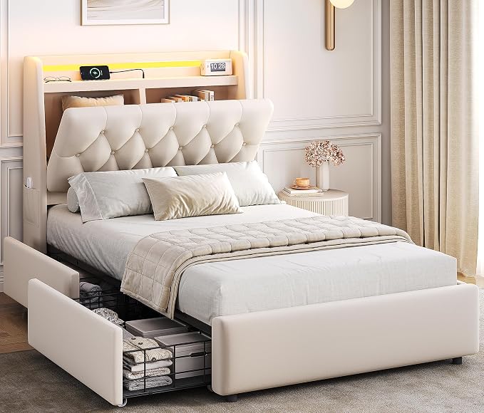 Twin LED Velvet Bed Frame with 2 Storage Drawers&Hidden Headboard, Upholstered by JOCOEVOL
