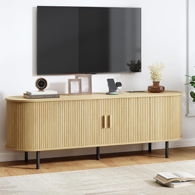 63" TV Stand with Power Outlet, Modern Media Console with Sliding Doors by ComfyCorner