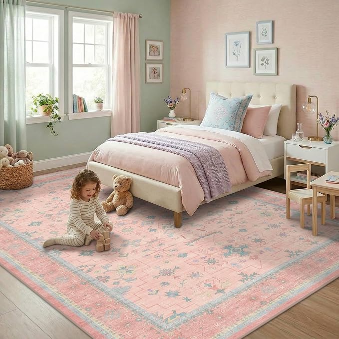 Washable Pink and Blue 8x10 Oushak Rugs by HazoHaus