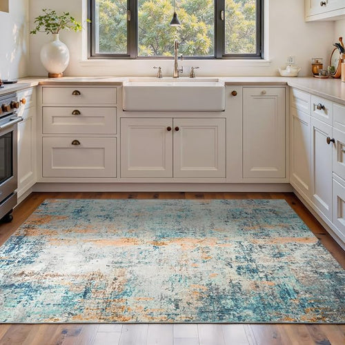 Area Rug 4x6 Blue Rug Washable Boho Rugs Non Slip Low Pile Abstract Small Carpet by OmpaaHomeDecor