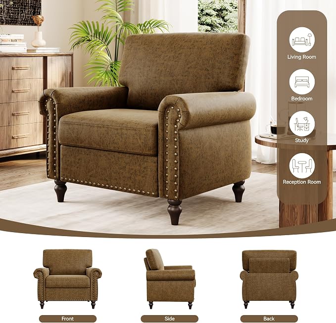 Nailhead Trim Accent Chair, Faux Leahter Mid Century Modern Living Room Arm - Image 8