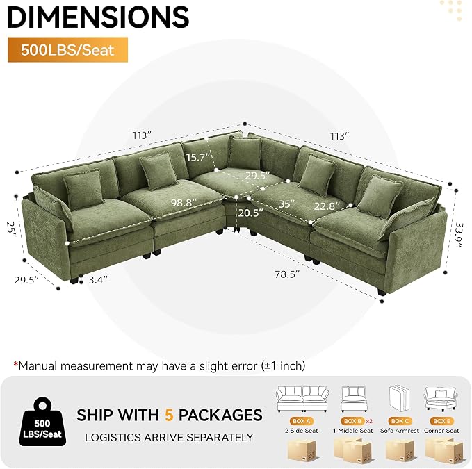 113'' V Shaped Cloud Sectional Sofa, Oversized Deep Seat Couches - Image 2