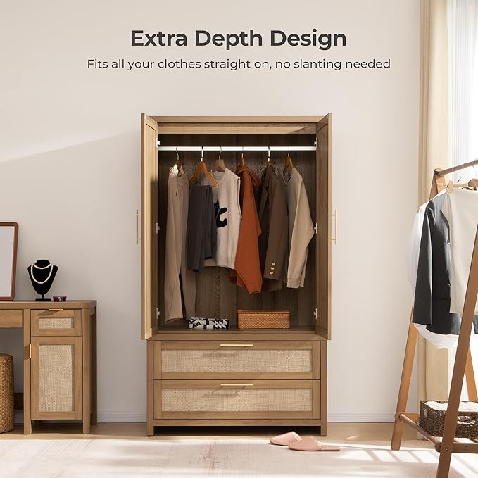 SICOTAS Armoire Wardrobe Closet, Larger Rattan Armoires Wardrobe Cabinet - Image 7