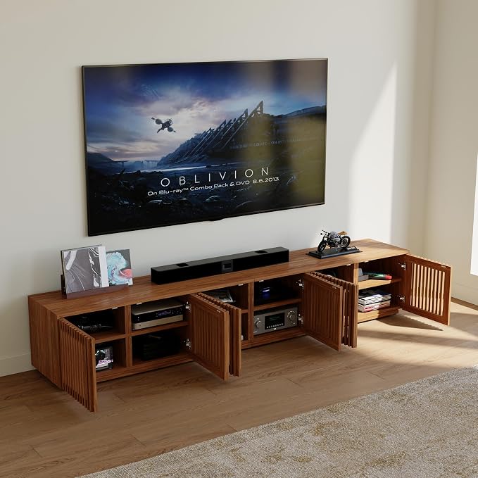 POVISON Full Assembled Mid Century Modern TV Stand, Wood Slatted Media Console - Image 5