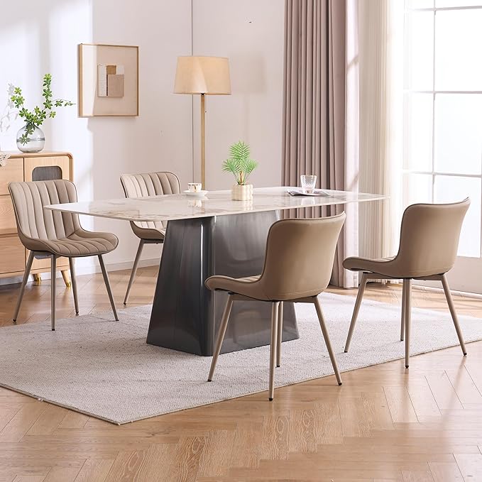 YOUNUOKE Mid-Century Modern Dining Chairs Set of 2, Khaki PU Leather - Image 4