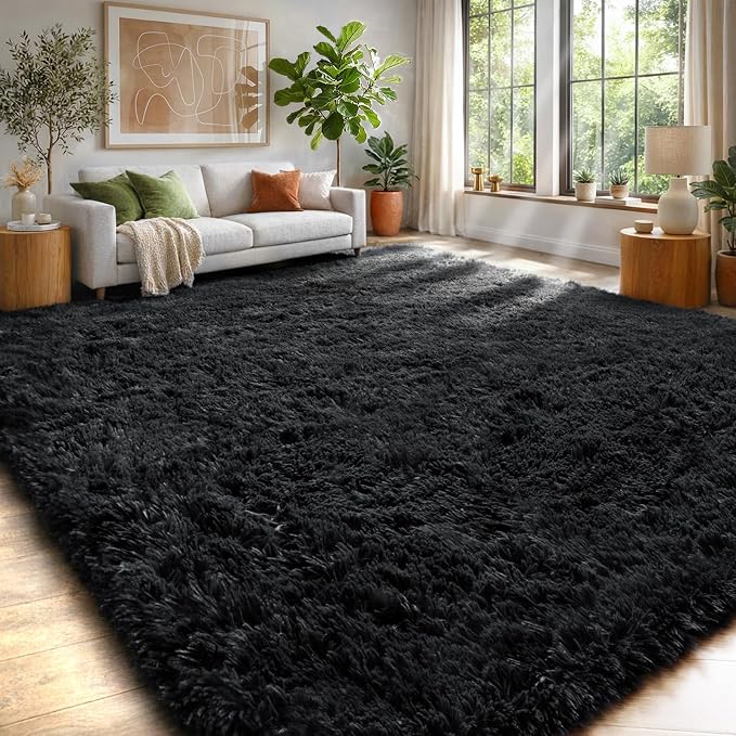PAGISOFE Fluffy Shaggy Black Area Rug 8x10 Feet, Plush Rugs by PAGISOFE