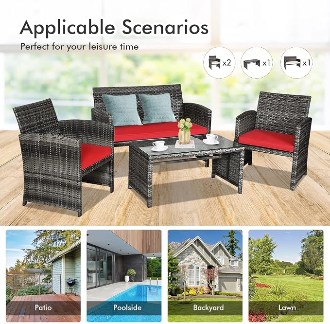 Goplus 4-Piece Rattan Patio Furniture Set, Outdoor Wicker Conversation Sofa - Image 8