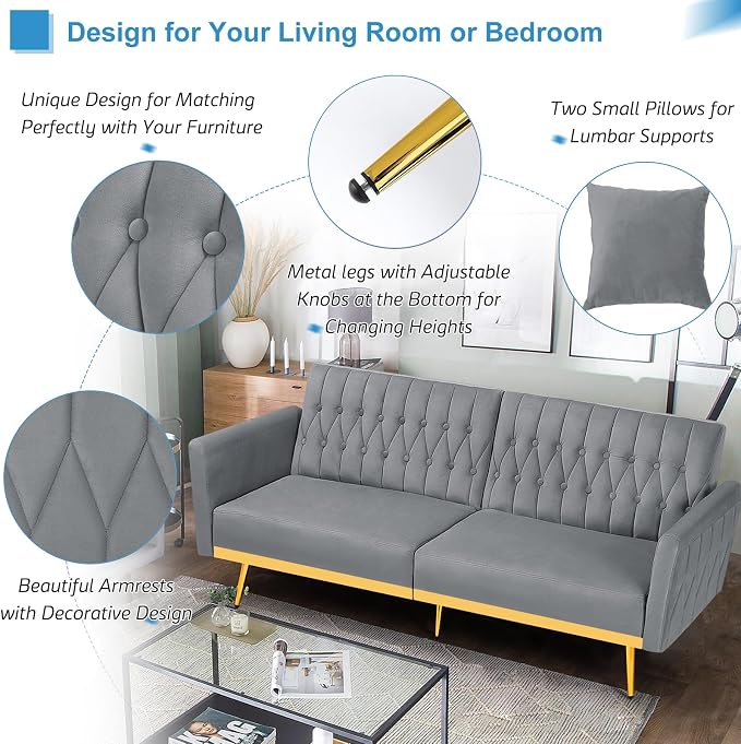 70” Velvet Futon Sofa Bed with 2 Pillows and Adjustable Armrests, Convertible - Image 4
