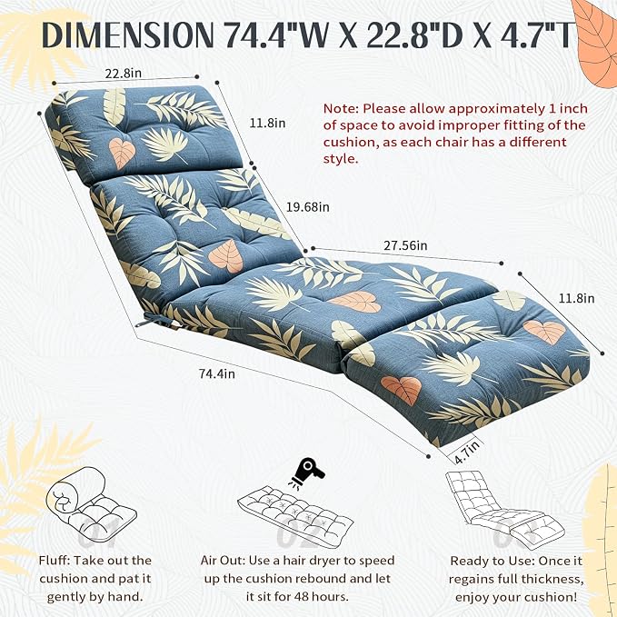 EverPine Outdoor Chaise Lounge Chair Cushion 74.4 x 22.8 x 4.7 Inch, Patio - Image 2