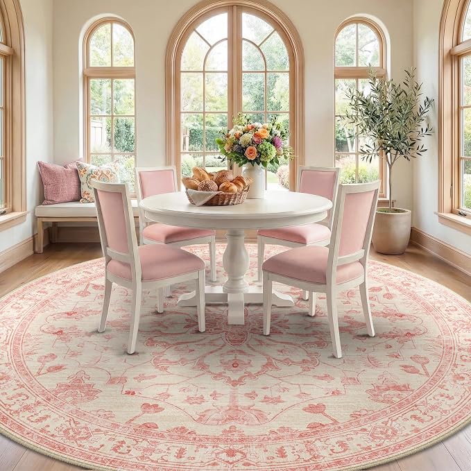 RELEANY Area Rugs Round 8ft Washable Non-Slip, Floral Vintage Distress Print - Image 2