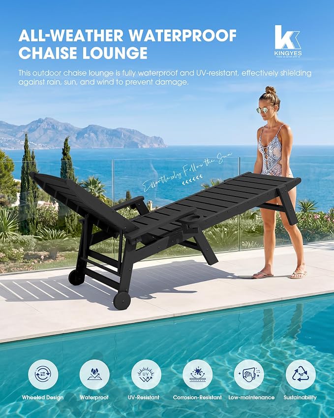 KINGYES HDPE Lounge Chair Outdoor Set of 2, Patio Chaise Lounge Recliner - Image 6