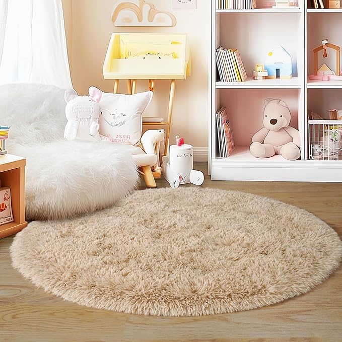 5'x5' Beige Round Rug for Bedroom, Ultra Soft Fluffy Circle Rug for Kids Girls - Image 3