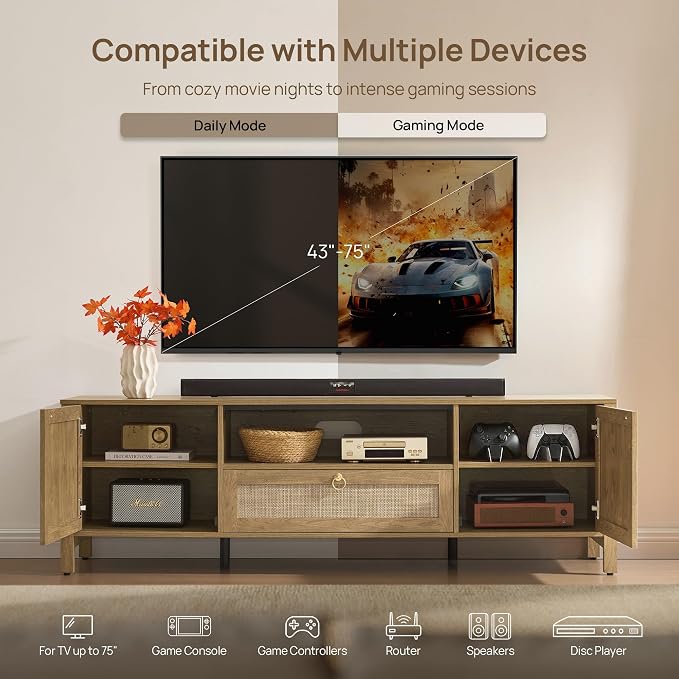 SICOTAS Rattan TV Stand for Living Room, Large Entertainment Center - Image 7