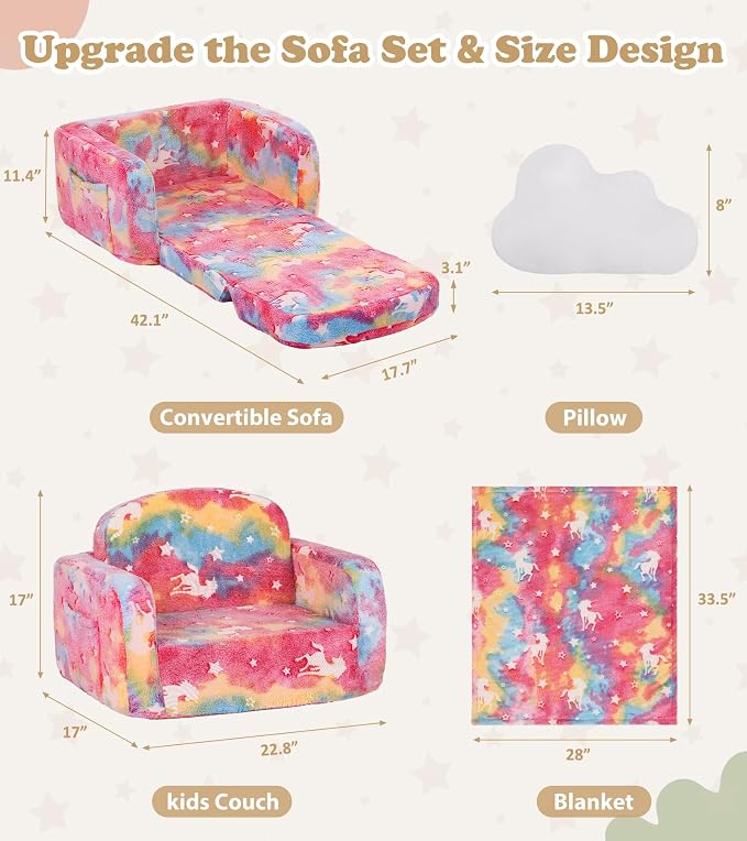 Kids Couch, 2-in-1 Soft Toddler Couch Fold Out - Image 3