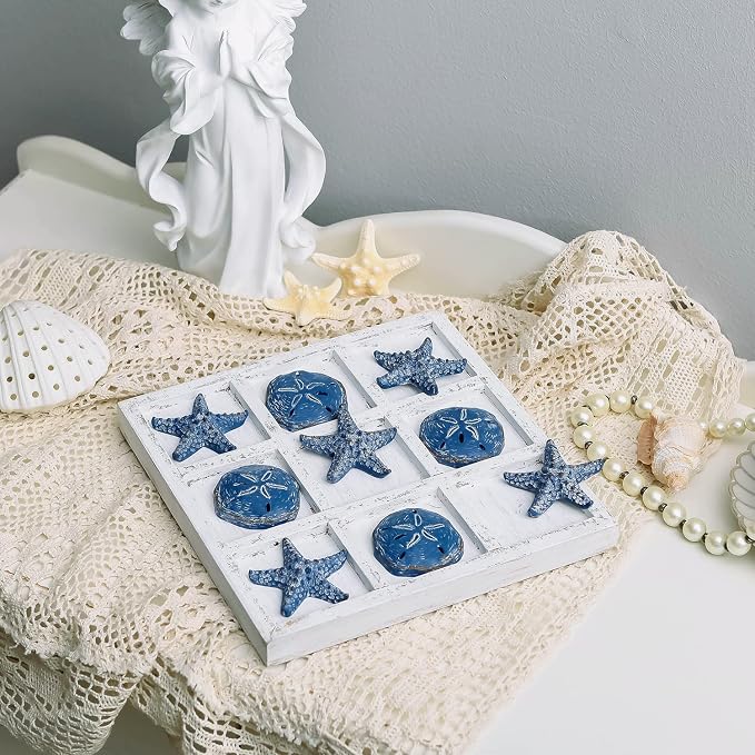 NIKKY HOME Beach Decor Tic Tac Toe 5 Sand Dollars & 5 Starfish Pieces Wood - Image 3