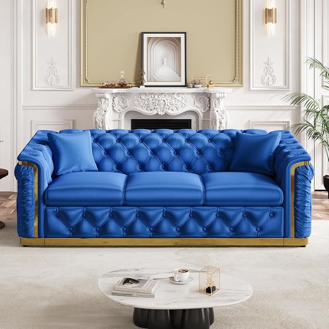 84.6" Luxury Chesterfield Sofa Velvet Tufted Sofa Black and Gold Couch - Image 8