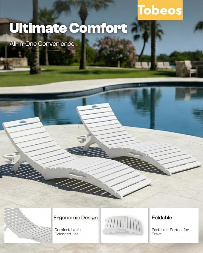 Folding HDPE Pool Lounge Chairs Set of 6, Pre-Assembled Outdoor Chaise Lounge - Image 4