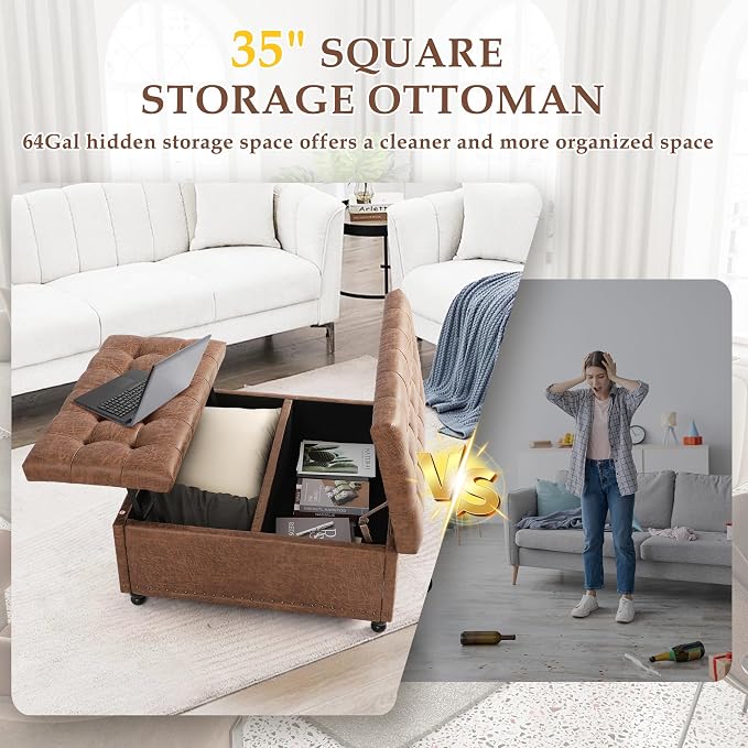 36" Large Square Ottoman with Storage, Tufted Upholstered Storage Ottoman with - Image 6