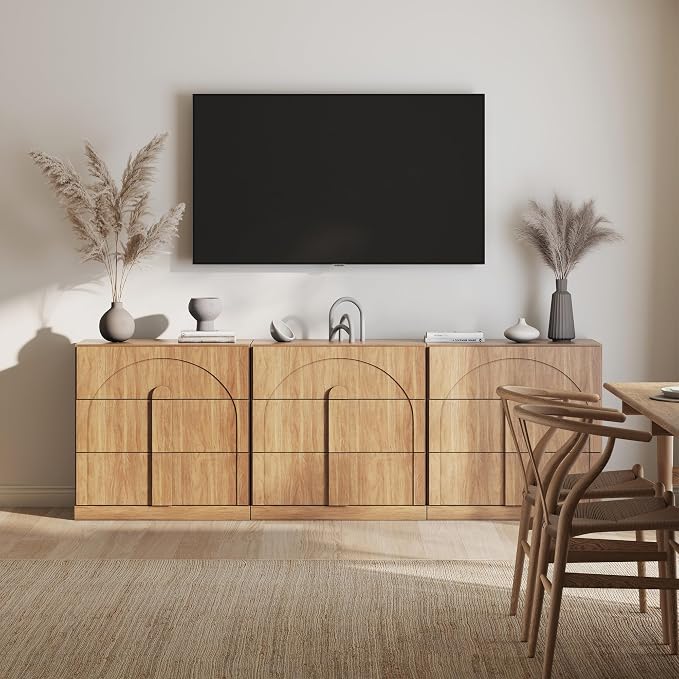 BELLEZE Sideboard Cabinet with 3 Drawers, Large Fluted Sideboard with Storage by BELLEZE