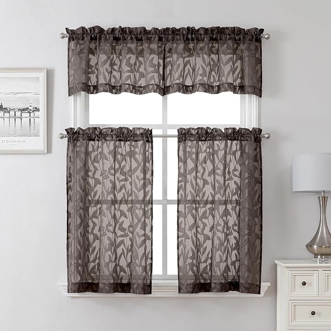Lecloud Leia Chocolate Brown Sheer Kitchen Curtains 24 Inch Length 2 Pcs - Image 2