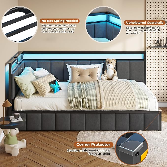 DICTAC Corner Bed Frame with 2 Storage Drawers and Charging Station Twin XL - Image 6