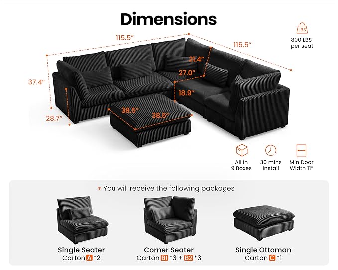 115" Oversized Corduroy Couch Modular Sectional Sofa, Washable Cloud Couch - Image 2