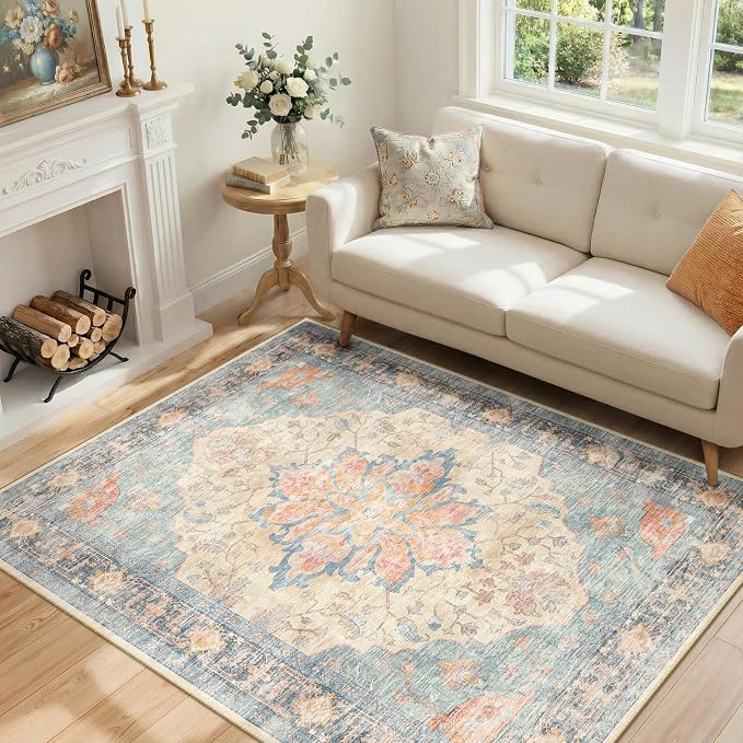 RELEANY Area Rugs 4'x6' Washable Non-Slip, Floral Vintage Distress Print by RELEANY